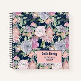 Cuaderno Receta floral rosa rosa azul marino