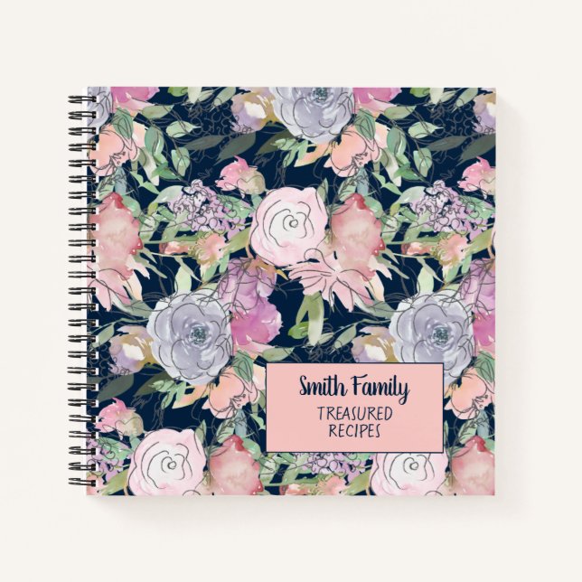 Cuaderno Receta floral rosa rosa azul marino (Anverso)