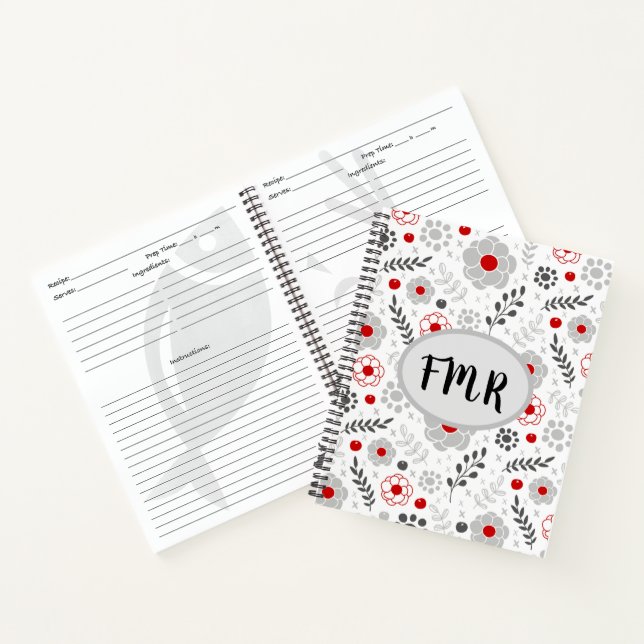 Cuaderno Receta moderna de Monograma de Floral Gris Rojo (Interior)