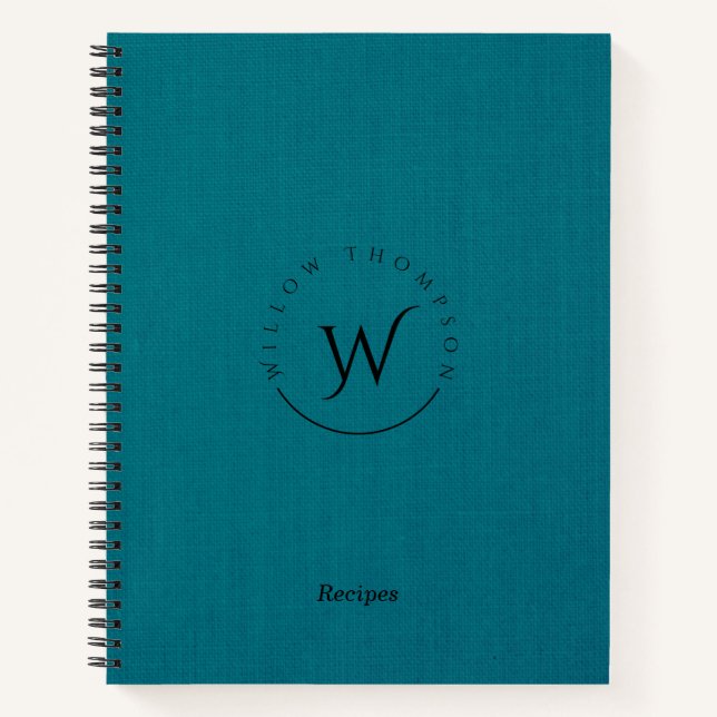 Cuaderno Receta Monogramada Rustic Blue Linen Script Recipe (Anverso)