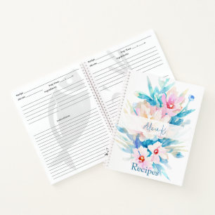 Cuaderno Receta personalizada de acuarela floral rosa y azu