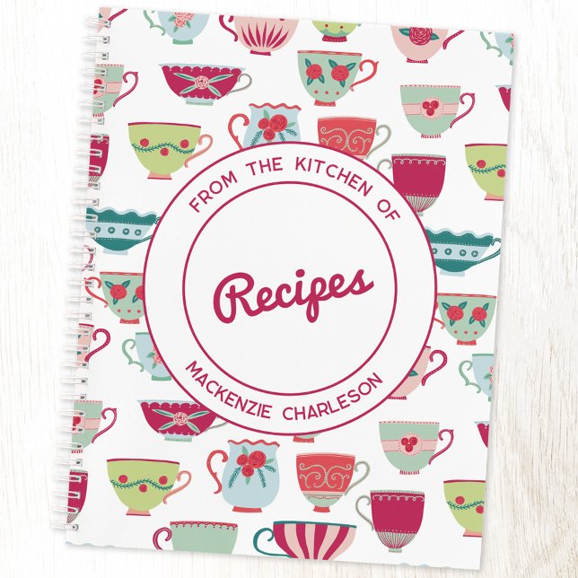 Cuaderno Receta personalizada del patrón retro de enseñanza (Retro modern teacup pattern personalized recipe notebook)