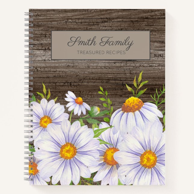 Cuaderno Receta personalizada Rustic Wood White Daisies (Anverso)