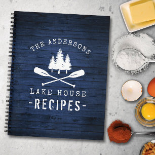 Cuaderno Receta Rustic Lake House Boat Oars Trees Blue Wood