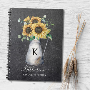 Cuaderno Receta Rústica Elegante Monograma Girasol Negro