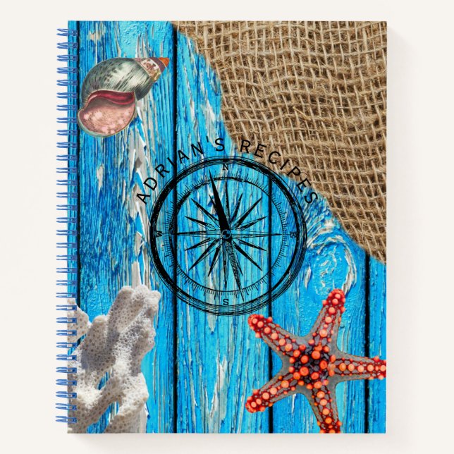 Cuaderno Receta Rústica Nautical Blue Wood Burlap Starfish (Anverso)