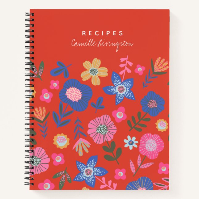 Cuaderno Receta vibrante tropical floral roja personalizada (Anverso)