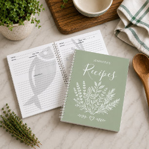 Cuaderno Recetario de cocina moderno en verde salvia para l
