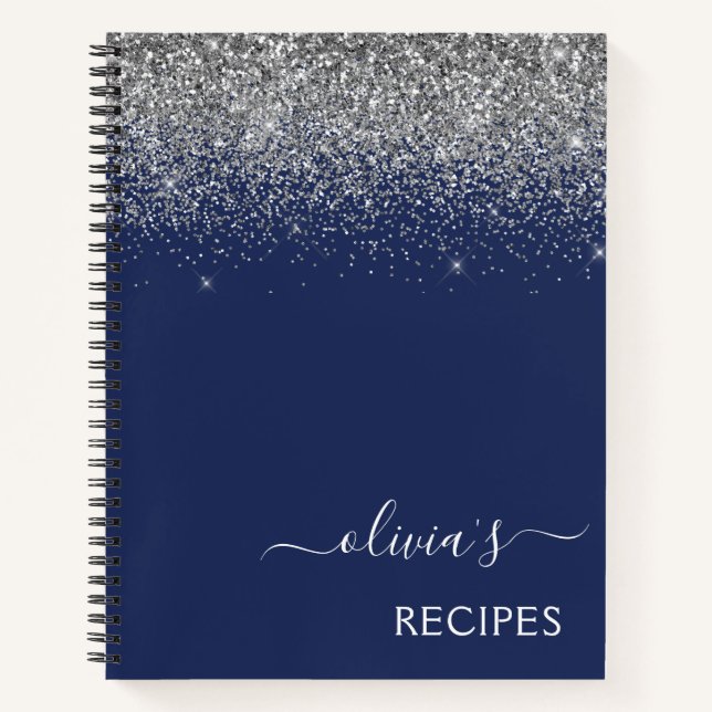 Cuaderno Recetario de cocina Monograma de brillo azul marin (Anverso)