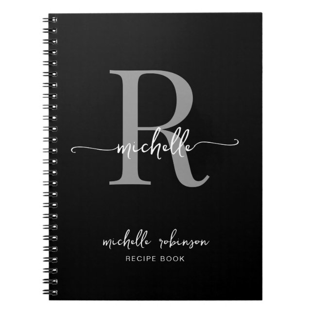 Cuaderno Recetario Elegante Femenino Negro Gris Monograma (Frente)