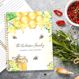Cuaderno Recetas burbujas abejas flores amarillas monograma