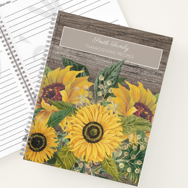 Cuaderno Recetas De Acción De Gracias De Girasoles Amarillo (Sunflowers and rustic wood custom recipe cookbook)
