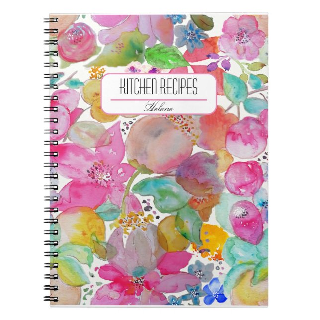 Cuaderno Recetas de cocina Flores de acuarela Personalizado (Frente)
