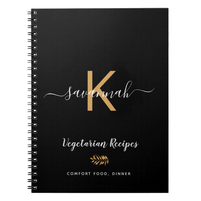 Cuaderno Recetas de comida vegetariana negra monogramadas (Frente)
