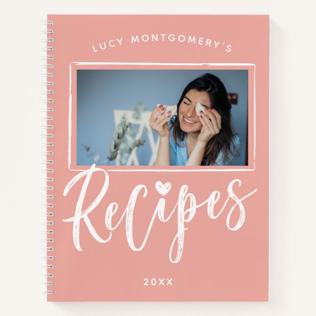 Cuaderno Recetas de escritura a mano en rosa y blanco Foto (Anverso)