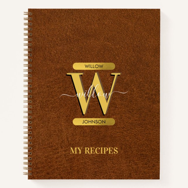 Cuaderno Recetas de Monograma Antiguo Faux Leather & Gold (Anverso)