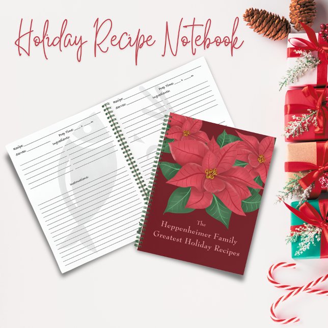 Cuaderno Recetas de vacaciones familiares de acuarela Red P (Watercolor Red Poinsettias Family Holiday Recipes Notebook)