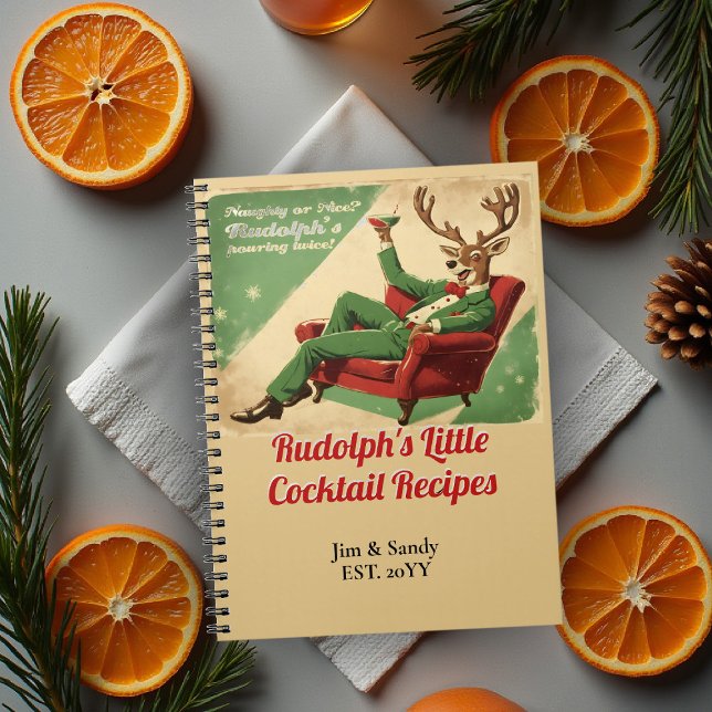 Cuaderno Recetas Divertidas de Navidad Antiguas para Fiesta (cocktail party personalized recipe notebook funny rudolph naughty nice lounge red green vintage retr)