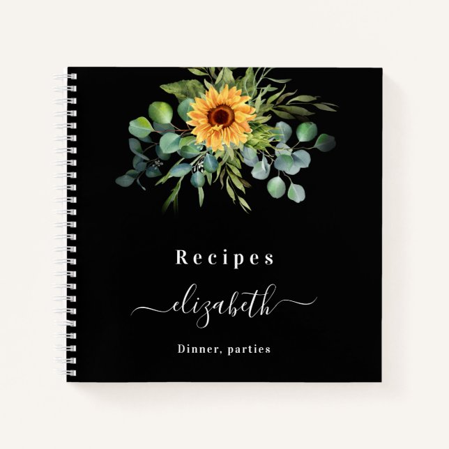 Cuaderno Recetas girasol eucalipto guión verde negro (Anverso)