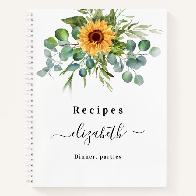 Cuaderno Recetas girasol eucalipto nombre del guión verde (Anverso)