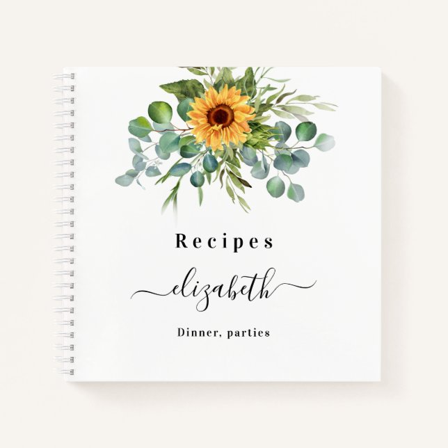 Cuaderno Recetas girasol eucalipto nombre del guión verde (Anverso)