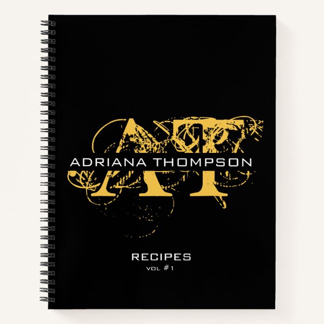 Cuaderno Recetas monogramadas modernas en negro y oro (Anverso)