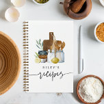 Cuaderno Recetas Personalizadas de Suministros de Cocina en<br><div class="desc">Capture sus platos favoritos con estilo con este cuaderno de recetas personalizadas de Redwood & Vine Design Co. Con una encantadora ilustración de la encimera de la cocina con tablas de cortar, utensilios de madera y limones frescos, este libro encuadernado en espiral incluye una plantilla de receta impresa en cada...</div>