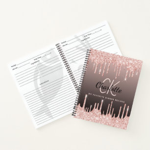Cuaderno Recetas rosa oro gotea monograma negro