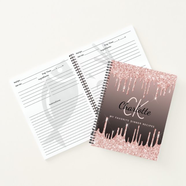 Cuaderno Recetas rosa oro gotea monograma negro (Interior)