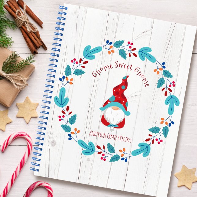 Cuaderno Recipe Cookbook Gnome Holiday Floral Wreath Rústic (Subido por el creador)