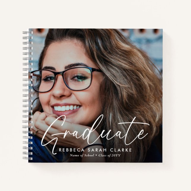 Cuaderno Recuerdo de fotografía de graduado con letra elega (Anverso)