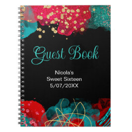 Cuaderno Red Alcohol Ink Sweet 16 Birthday Party Guest Book