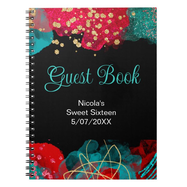 Cuaderno Red Alcohol Ink Sweet 16 Birthday Party Guest Book (Frente)