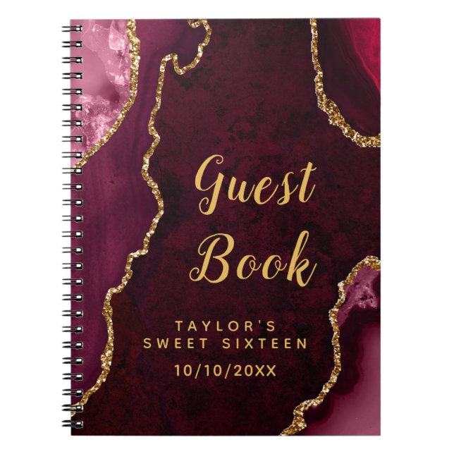 Cuaderno Red and Gold Agate Sweet 16 Guest Book (Frente)