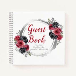 Cuaderno Red and Silver Elegant Flowers Birthday Guest Book