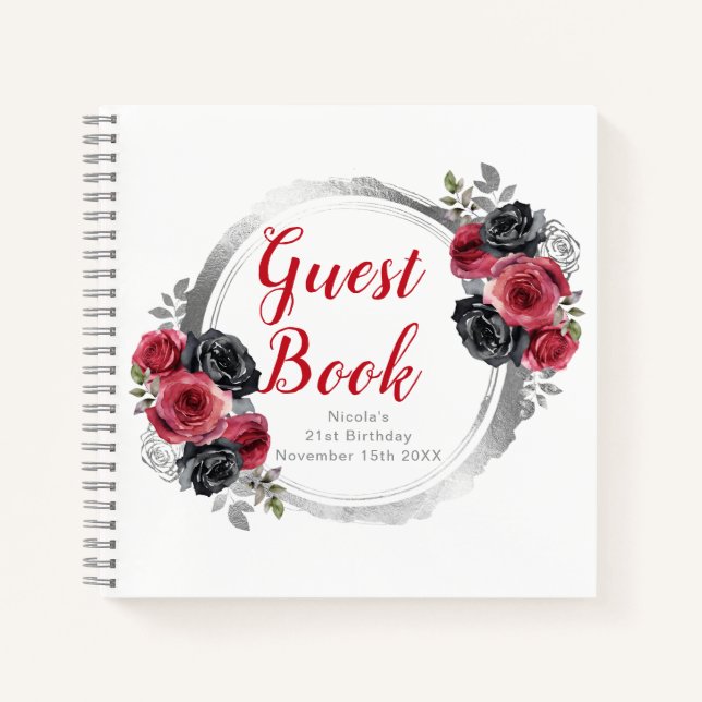 Cuaderno Red and Silver Elegant Flowers Birthday Guest Book (Anverso)