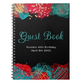 Cuaderno Red and Teal Blue Alcohol Ink Birthday Guest Book