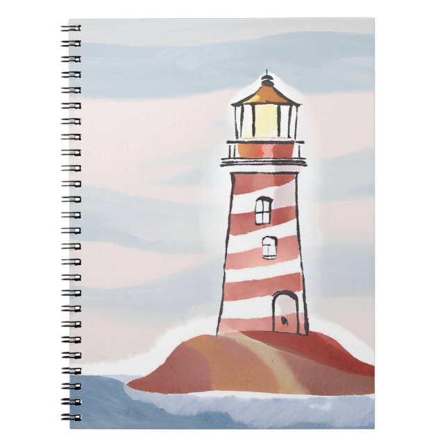 Cuaderno Red and White Lighthouse | Beachy Ocean Watercolor (Frente)