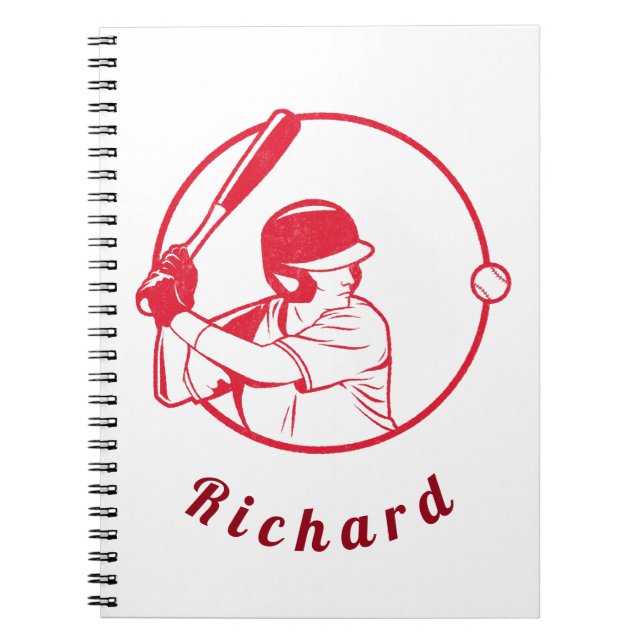 Cuaderno Red Baseball Player Coach Athlete Custom Name Guay (Frente)