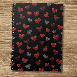 Cuaderno Red Burgundy Silver Glitter Hearts on Black