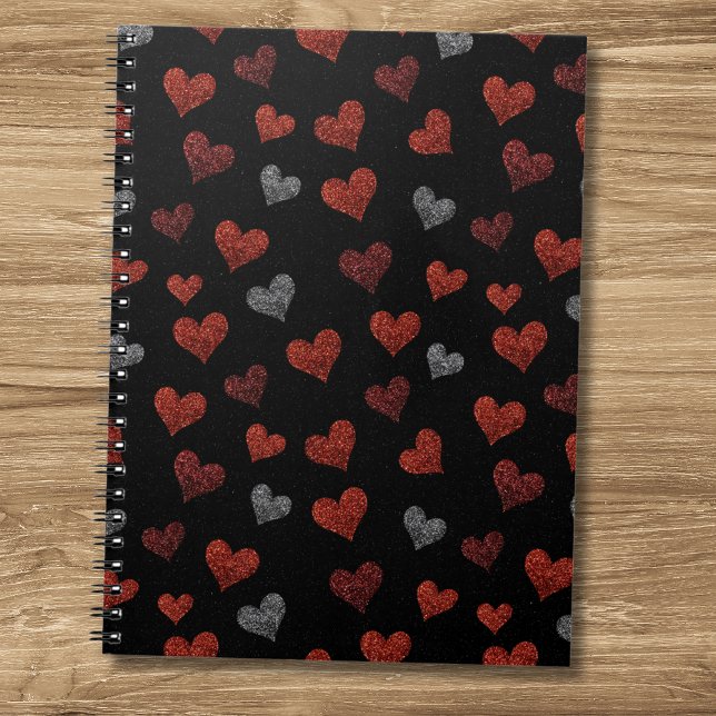 Cuaderno Red Burgundy Silver Glitter Hearts on Black (Subido por el creador)