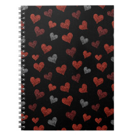 Cuaderno Red Burgundy Silver Glitter Hearts on Black