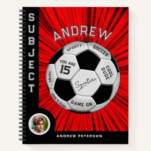 Cuaderno Red Custom Text Soccer Ball Birthday (Anverso)