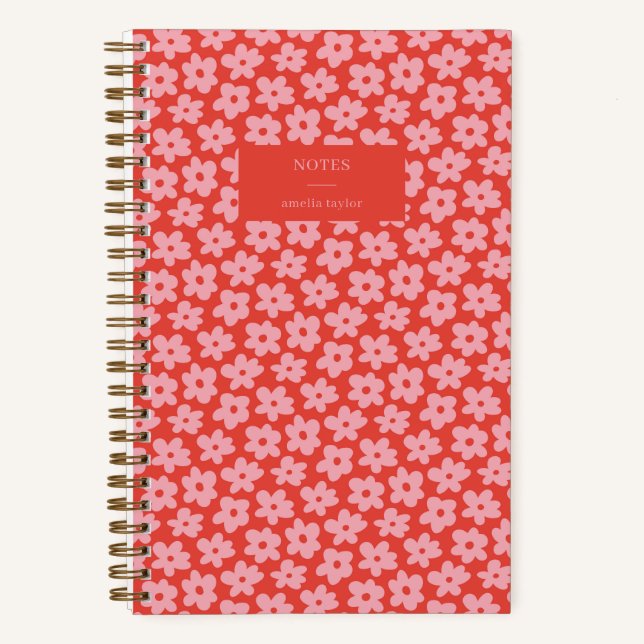Cuaderno Red Pink Retro Daisy Pattern Personalized Name (Anverso)