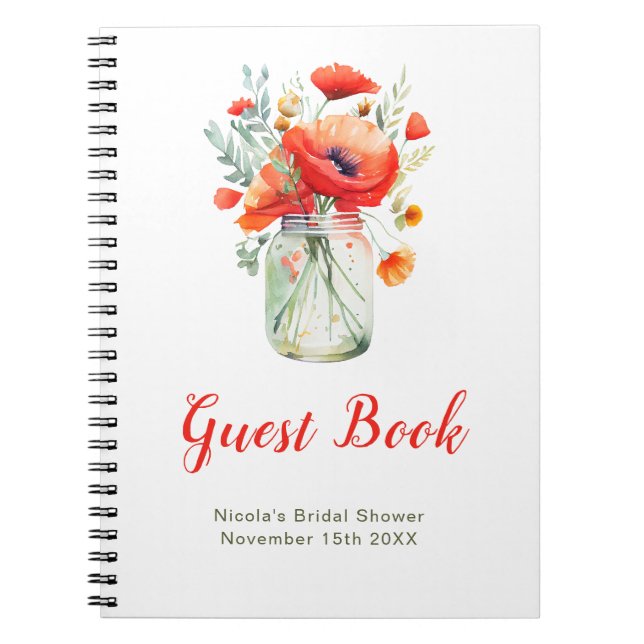 Cuaderno Red Poppies Mason Jar Bridal Shower Guest Book (Frente)