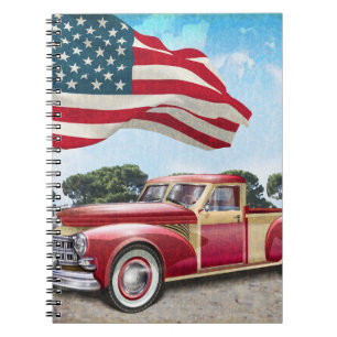 Cuaderno Red vintage pick up truck with American flag.