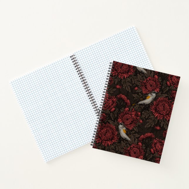 Cuaderno Redstart en crisantemos en marrón y rojo (Interior)