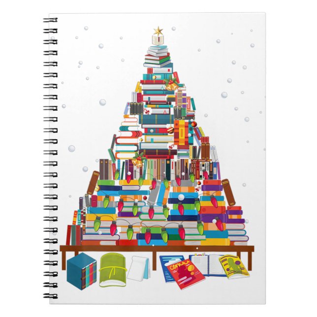 Cuaderno Regalo de árbol de la biblioteca navideña de Feliz (Frente)