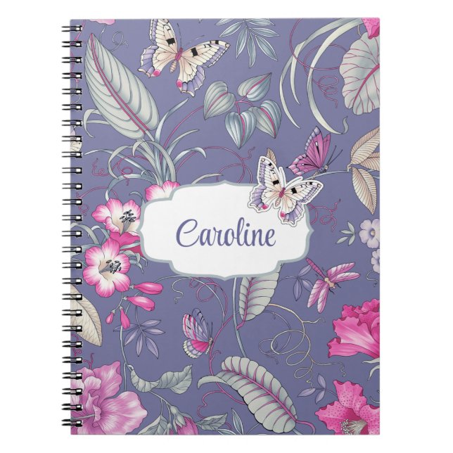 Cuaderno Regalo de nombre personalizado de flores y maripos (Frente)