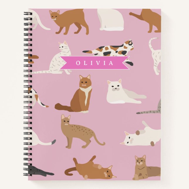 Cuaderno Regalo Personalizado de Patrón de Gato Rosa Lindo  (Anverso)